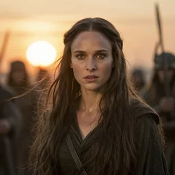 epic photo of natalie portman as beautiful white wizard in lord of the rings with long straight black hair blowing in the wind in a battle scene, sweaty, detailed eyes, neutral expression, shallow depth of field, photorealistic, cinematic lighting, lovely bokeh, warm colours, sunset south, strong rim light, movie quality, lord of the rings 1 9 8 5, movie still