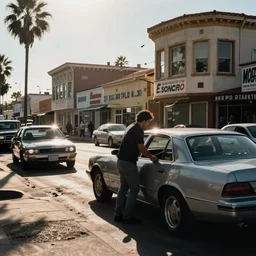 some dude stealing a car hyper realistic in LA near skidrow