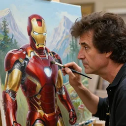 a closeup photorealistic photograph of bob ross with a paintbrush and diligently finishing a canvas painting of iron man. mountains and trees. film still. brightly lit scene. this 4 k hd image is trending on artstation, featured on behance, well - rendered, extra crisp, features intricate detail, epic composition and the style of unreal engine.