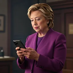 hipster hillary clinton scrolling through an iphone, gta artstyle, wide shot, dramatic lighting, octane render, hyperrealistic, high quality, HD, cinematic