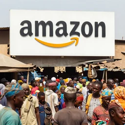 amazon warehouse as crowded african market, large amazon signage, informal traders, eye level,