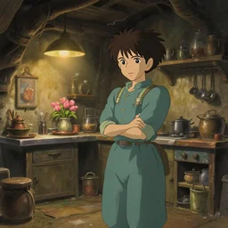 post apocalyptic basement kitchen, by studio ghibli, animation, sharp, rendered in unreal engine 5, focused, anime key art by greg rutkowski, bloom, dramatic lighting