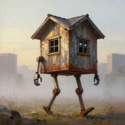 a walking wood and metal house with two mechanical legs and two glowing eyes, rust, hyperrealistic, pareidolia, highly detailed, cinematic, single ray of sun, morning, fog, city in background, beautiful, cgssociety, artstation, 8 k, oil painting