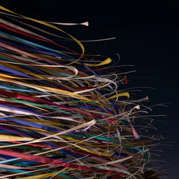 millions of thin twisted ribbons of colorful fabric unravel chaotically in strong winds across a dark night sky, unreal engine