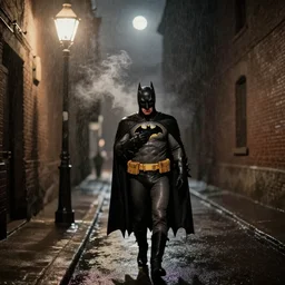 1900's photo of batman with sad expression in deep alley street holding his emotion while walking slowly towards a street lamp, raining and smokes while the moon shines on his back, blurry, candid