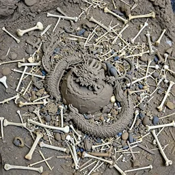 a tiny clay model of a dragon protecting its treasure pile, bones scattered across the cave floor, resin and clay art.