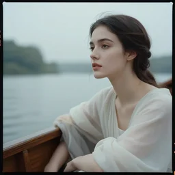 cinestill 5 0 d wide portrait of a dreamy beautiful woman on a boat by roversi like lady of shalott by waterhouse 3 5 mm lens, 8 k, elegant, highly detailed, pale mute matt, soft blur, artstation, sharp focus, head in focus