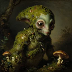 a close - up rococo portrait of an alien creature covered in moss, mushrooms, and swamp. 1 8 th century painting by jean - honore fragonard and moebius. rich colors, high contrast, gloomy atmosphere