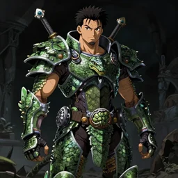 anime of young puerto rican man with facial hair, brown eyes, full body, reptile armor, by shinichiro watanabe, hyper realistic, dark fantasy detailed, high definition insanely detailed, bitter wide angle lens glow in the dark