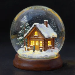 a tiny person outside their tiny wooden cottage with warm lights in the snow inside a snowglobe, beautiful oil painting with black background.