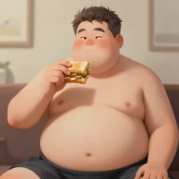 a fat man holding a tiny sandwich, digital painting masterpiece trending on pixiv and artstation
