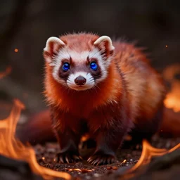 A red ferret surrounded by embers, with glowing azure eyes.