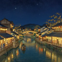 antique photo view from the river of a beautiful painting of the lantern festival in a an ancient japanese town, at night with a sky full of stars, intricate, elegant, highly detailed, digital painting, artstation, concept art, by krenz cushart and artem demura and alphonse mucha