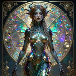 a very beautiful highly detailed hyperrealistic 8 k render of carolyn murphy as a dark alien techno matrix fairy goddess centered in an alphonse mucha style gustav klimt rainbow iridescent shining photograph trending on artstation octanerender