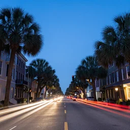 charleston, south carolina, landscape, cityscape, broad street, vanishing point, traffic light trails, dawn, blue hour, 2 4 mm, f / 1 6, long exposure