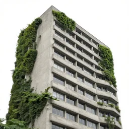 a tall brutalist building with foliage growing up the sides