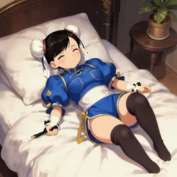 an adorable chun - li from nier automata lying in bed by krenz cushart, artgerm, alphonse mucha, akihiko yoshida