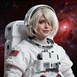 highly detailed portrait of a hopeful pretty astronaut lady with a wavy blonde hair, by Anton Semenov, 4k resolution, nier:automata inspired, bravely default inspired, vibrant but dreary but upflifting red, black and white color scheme!!! ((Space nebula background))