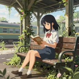 advanced digital art. A beautiful girl is sitting on a bench reading in an abandoned train station overgrown with vines and flowers. Digital Anime painting. Sakimichan, WLOP, RossDraws, pixivs, Makoto Shinkai. —H 2160