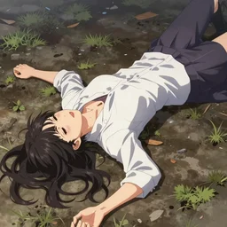 woman lying on the ground, trying to get up, straining, exhausted from battle, long shot, highly detailed, digital art, hiromu arakawa