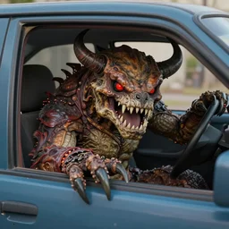 deathclaw monster inside the car, trending on artstation