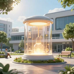 architectural render of glowing sci fi container powering a modern peaceful hospital in a pleasant urban setting, day - time, sun overhead, award - winning, high res, 4 k, artstation