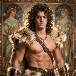 portrait of a beautiful young fit male barbarian princess with curly hairs, glasses, wearing a fur armor, luminous scene, by elmore, greg rutkowski and alphonse mucha, d & d character, gradient white to yellow, in front of a ruined temple background, highly detailed portrait, digital painting, artstation, concept art, smooth, sharp focus ilustration, artstation hq