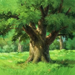 giant ash tree on grass landfield, brigh backlight on tree trunks, matte painting by pixar ghibli studio miyazaki ghibli
