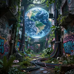 an intricate concept art illustration of an undergrowth getto street with graffiti, global illumination, computer wires, digital art, photorealistic movie still, style ivan talavera and artgerm, hyper realistic, photorealistic, octane render, trending on artstation, cgsociety, cinematic light, 8 k