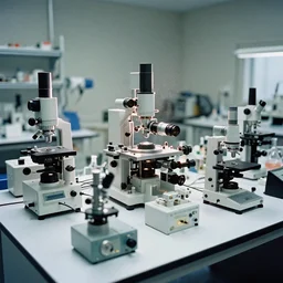 a bigset of optical instruments on a large table, extremely intricated details, few colors, scientific laboratory experiments, photoreal, high tech new equipment, clean environment, analog nikon photo, dust particles in the air, hazy and shadowy atmosphere