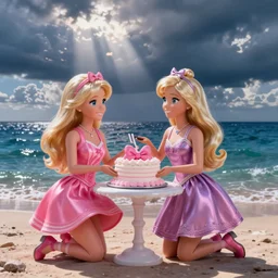 ken and barbie having cake by the ocean - digital art