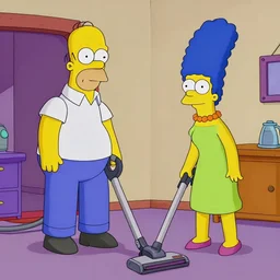 homer comes home from work and marge is begging him to use the vaccum cleaner, in the style of the simpsons