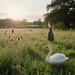 thistles, dew on the grass, sun, woman and a swan. a meadow, late english summer. folk horror style. beautiful. gothic. dreamy. realistic