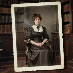 concept art, 1 9 th century spirit photography, victorian woman in a chair, can see through her in the library room, ambient smoke, torn photograph, photorealistic, highly detailed, 8 k