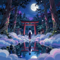 reimu walking in a cloud pond forest, japanese shrine, dreamscape, cinematic, shooting stars, mirror reflection, midnight, moon glow, vibrant colors, digital anime illustration, award winning, by makoto shinkai