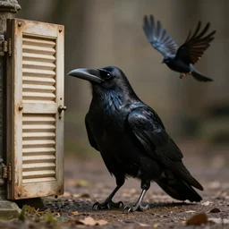 open here i flung the shutter, when, with many a flirt and flutter, in there stepped a stately raven of the saintly days of yore, highly detailed, cinematic lighting, cedric peyravernay maciej kuciara, dramatic lighting, medium shot, ground angle, uhd 8 k, shallow depth of field