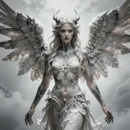 beautiful androgynous fallen angel with tattoos on his body being cast from heaven, intricate, hd, high detailed, 4 k, art by greg rutkowski