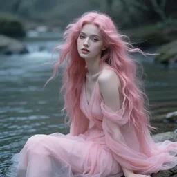 cinestill 5 0 d depht of field portrait of a dreamy beautiful pre - raphaelite siren in style of annie liebovitz sitting on a river in a dystopian sea environment, dress and hair floating elegant, highly detailed, pale pink matt, soft blur, artstation, head in focus