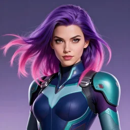 a stunning upper body portrait of a beautiful young woman wearing futuristic navy blue and teal battle bodyarmor, ombre purple and pink hairstyle, hair blowing in the wind by marvel comics, digital art, trending on artstation