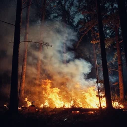 forest on fire and smoke at night, vintage