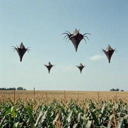 top secret footage of a cluster inter dimensional chitinous cruciforms of unknown origin floating above a cornfield, grainy photograph, military documentation