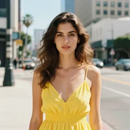 portrait of a beautiful brown hair woman in a yellow sun dress in downtown Los Angelas, 50mm lens, Kodak Portra 400 film