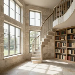 intimate detailed stone room, full of windows streaming sunlight, spiralling staircase and shelves full of books, over grown vegetation falls from the ceiling, strong shadows, upscale, 8 k, masterpiece, pen and ink drawing,