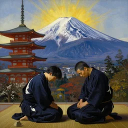 depressed man and buddhahood, elegant, classical, by fernando botero, a touch of ( ( giuseppe arcimboldo ) ), realistic, zoomed out, epic composition, discovering japan, ceremony, temple, dojo, mountain fuji
