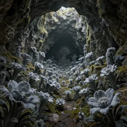 cave full of exotic grey flowers in a fantasy world