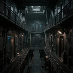 inside of an underground factory with ladders, walkways, doors, like maze, ominous, dark, bleak, , rendered in octane, in the style of bladerunner 2049, dystopian, sci fi, v-ray, cinematic composition, hyperdetailed, artstation, cgsociety, 8k