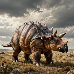 realistic jurassic park scene of ankylosaurus with big fat scales, spikes on head, cinematic, ultra realistic, beautiful terrain, wide shot, uncropped body shot.