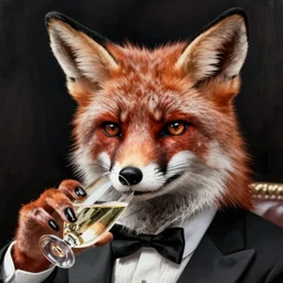 detailed portrait fox in a tuxedo drinking champagne, ismail inceoglu dragan bibin hans thoma greg rutkowski alexandros, illustration, dramatic lighting, high contrast, sharp focus, perfect face, fine details, realistic shaded, fine - face, pretty face