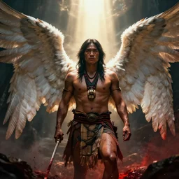 an indigenous warrior with angelic wings, by tsuyoshi nagano, by greg rutkowski, dramatic lighting, blood, god rays, angelical