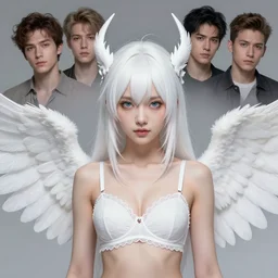 character design by james jean, jakub rebelka, tran nguyen, yoann lossel, wadim kashin ( ( ( portrait of a white haired cute japanese girl with white wings in a white elegant bra ) ) ) sharp edges. ultra clear detailed. 8 k. ultra detailed, elegant, intricate,